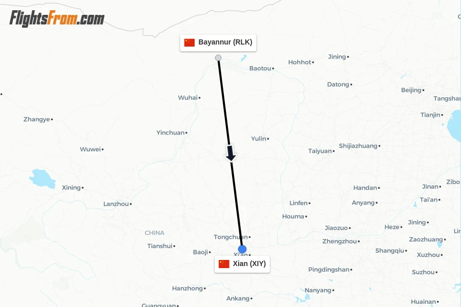 Flights from Bayannur to Xian route map