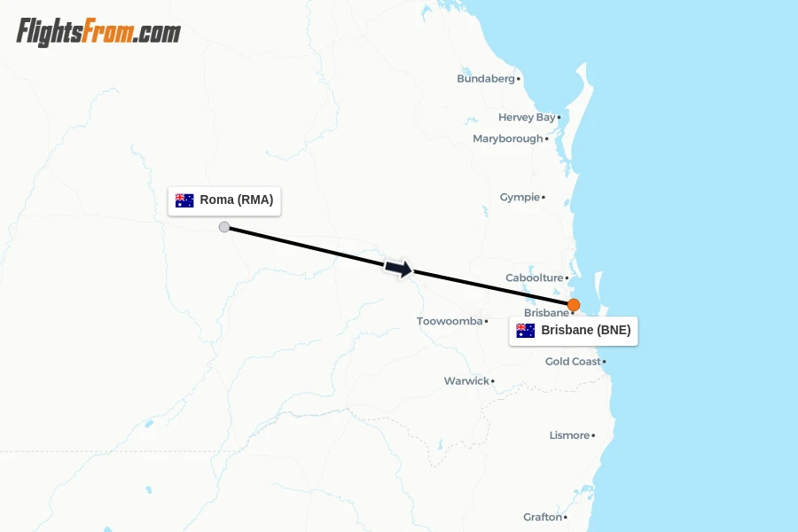 Flights from Roma to Brisbane route map