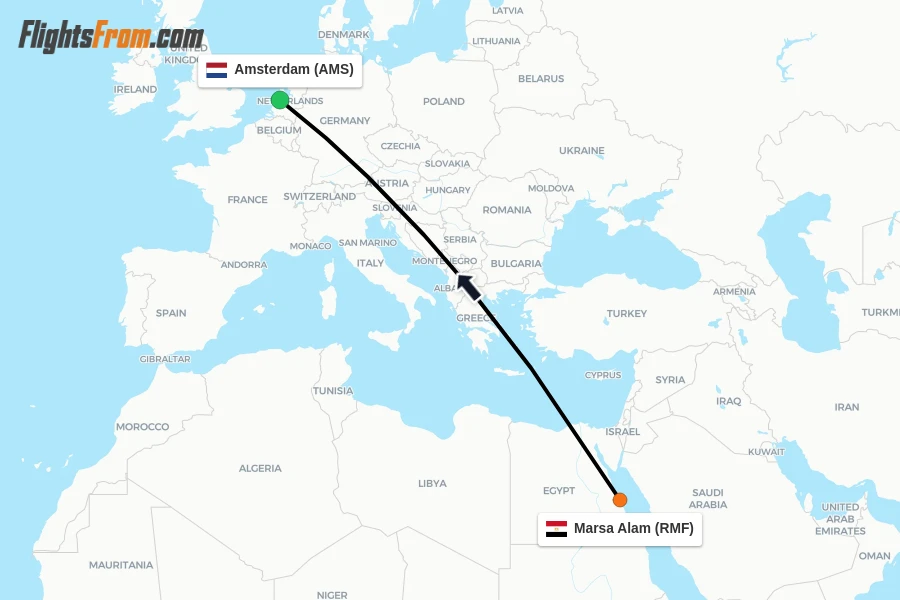 Flights from Marsa Alam to Amsterdam route map