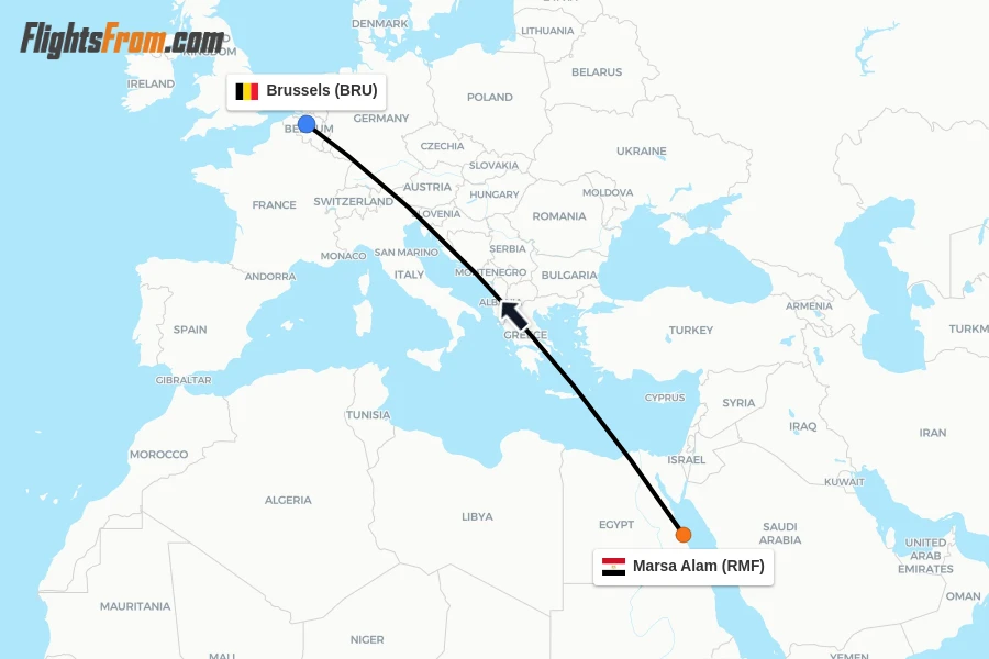 Flights from Marsa Alam to Brussels route map