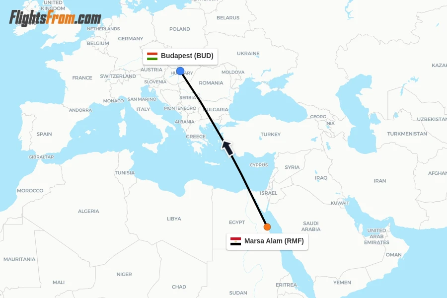Flights from Marsa Alam to Budapest route map