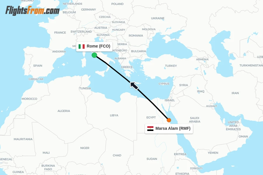 Flights from Marsa Alam to Rome route map