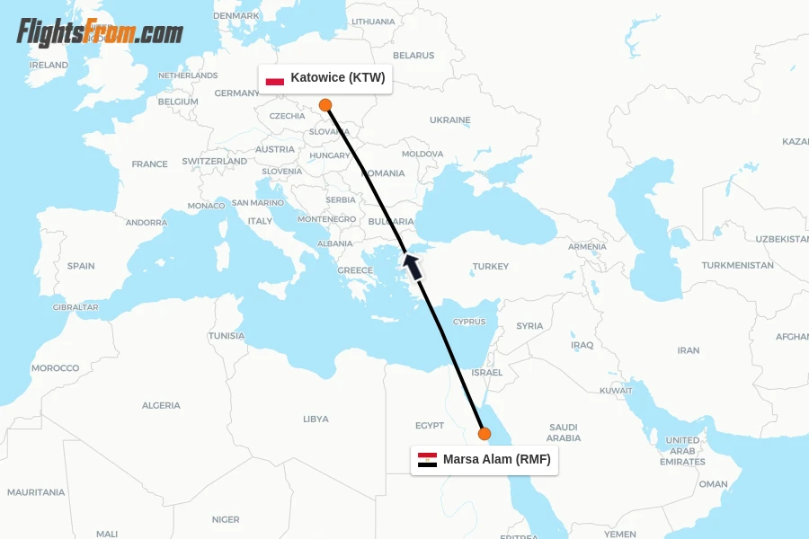 Flights from Marsa Alam to Katowice route map