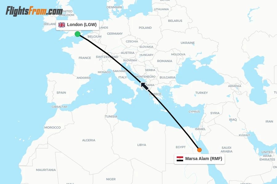 Flights from Marsa Alam to London route map