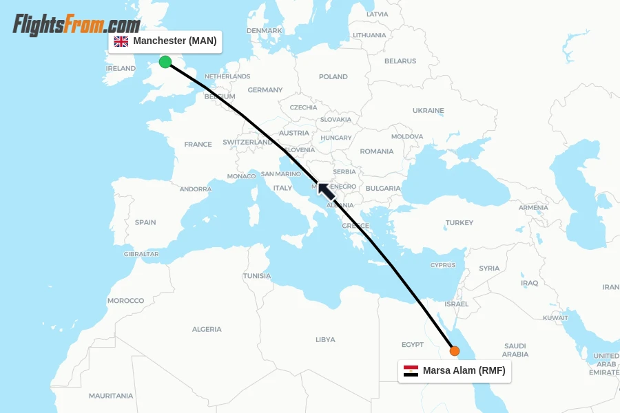 Flights from Marsa Alam to Manchester route map