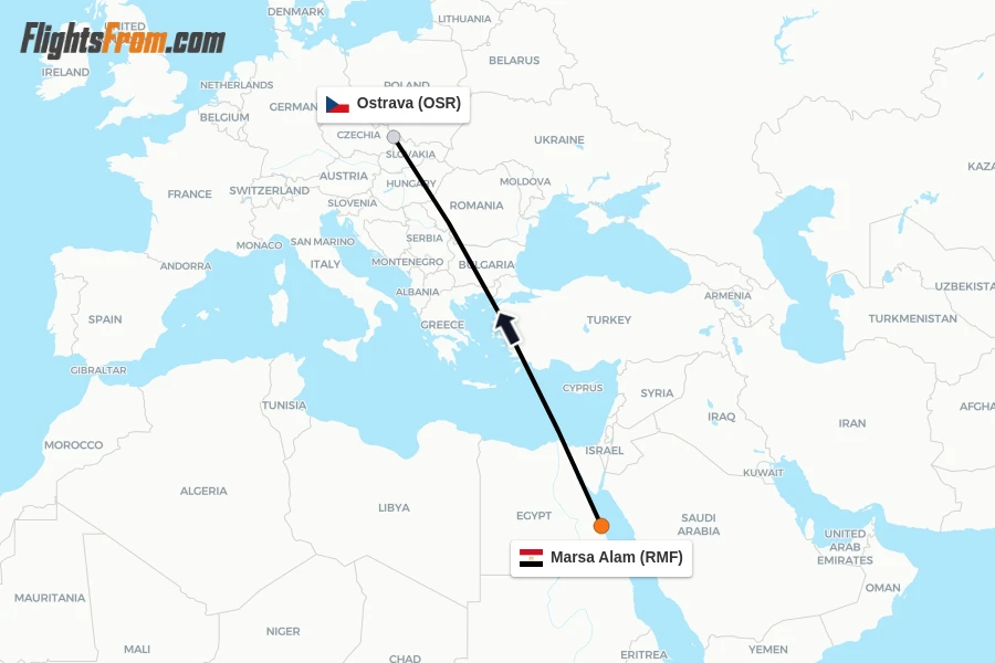 Flights from Marsa Alam to Ostrava route map