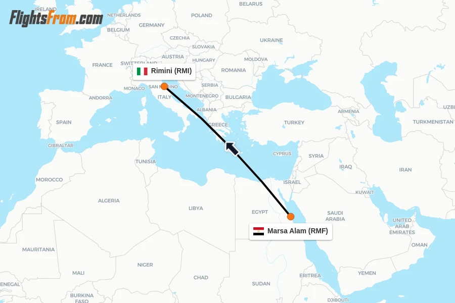 Flights from Marsa Alam to Rimini route map