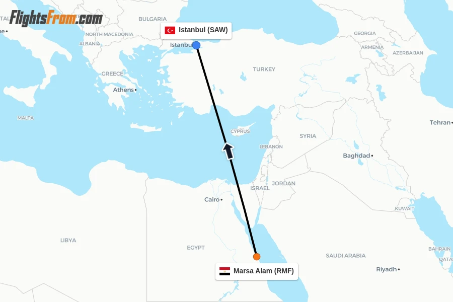 Flights from Marsa Alam to Istanbul route map