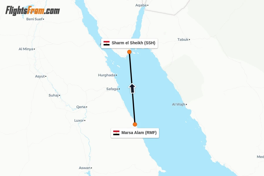 Flights from Marsa Alam to Sharm el Sheikh route map