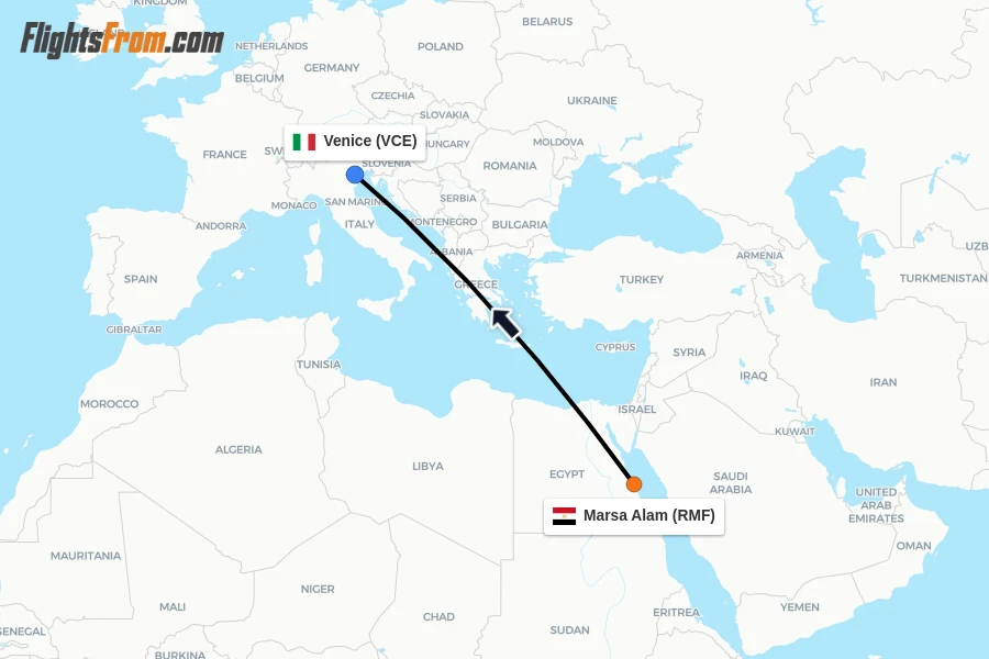Flights from Marsa Alam to Venice route map