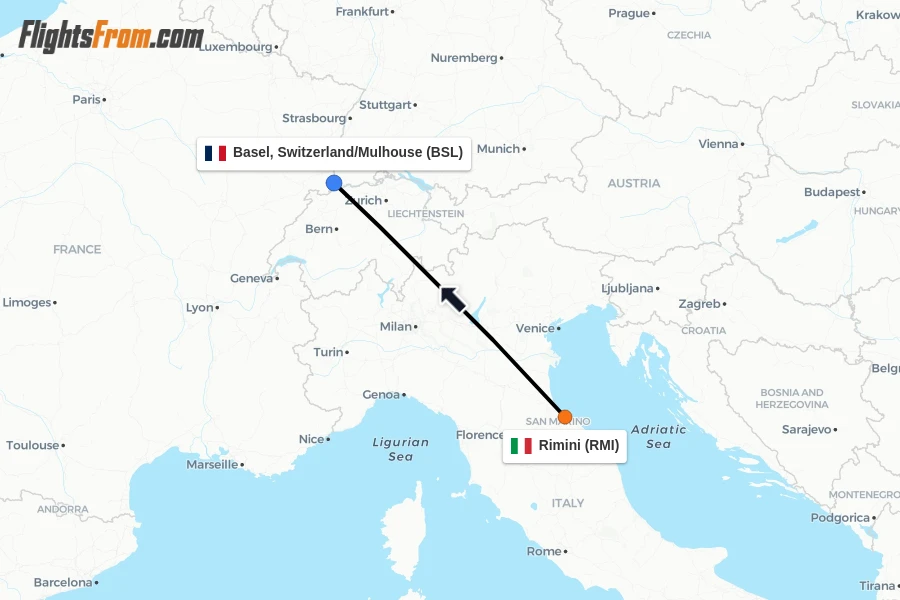 Flights from Rimini to Basel, Switzerland/Mulhouse route map