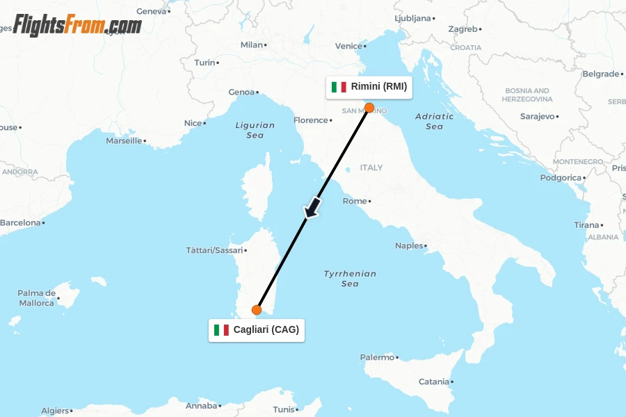 Flights from Rimini to Cagliari route map