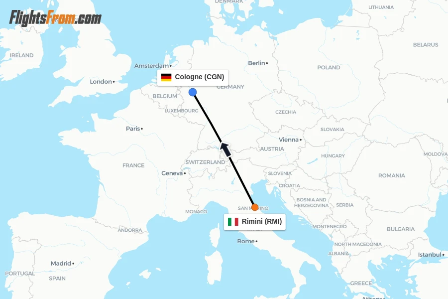 Flights from Rimini to Cologne route map