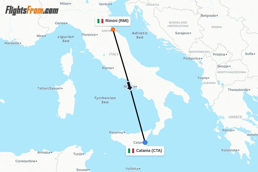 Flights from Rimini to Catania route map