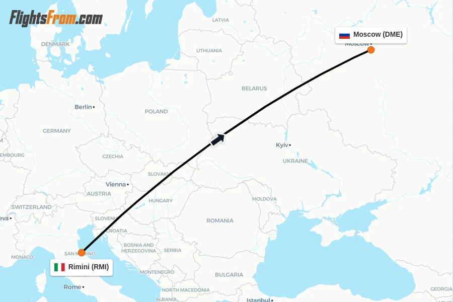 Flights from Rimini to Moscow route map