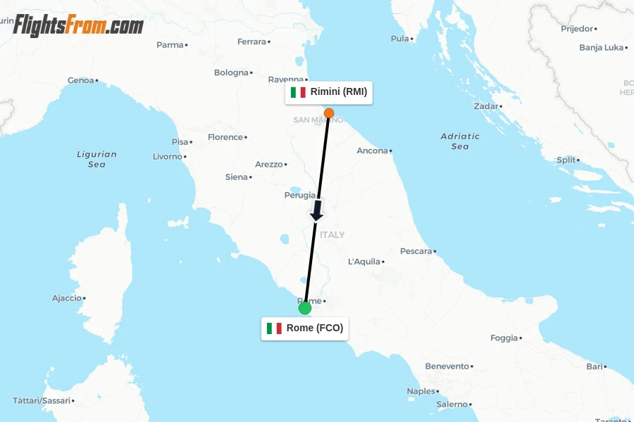 Flights from Rimini to Rome route map