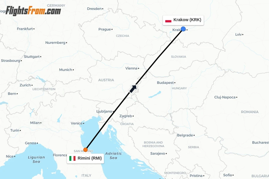 Flights from Rimini to Krakow route map