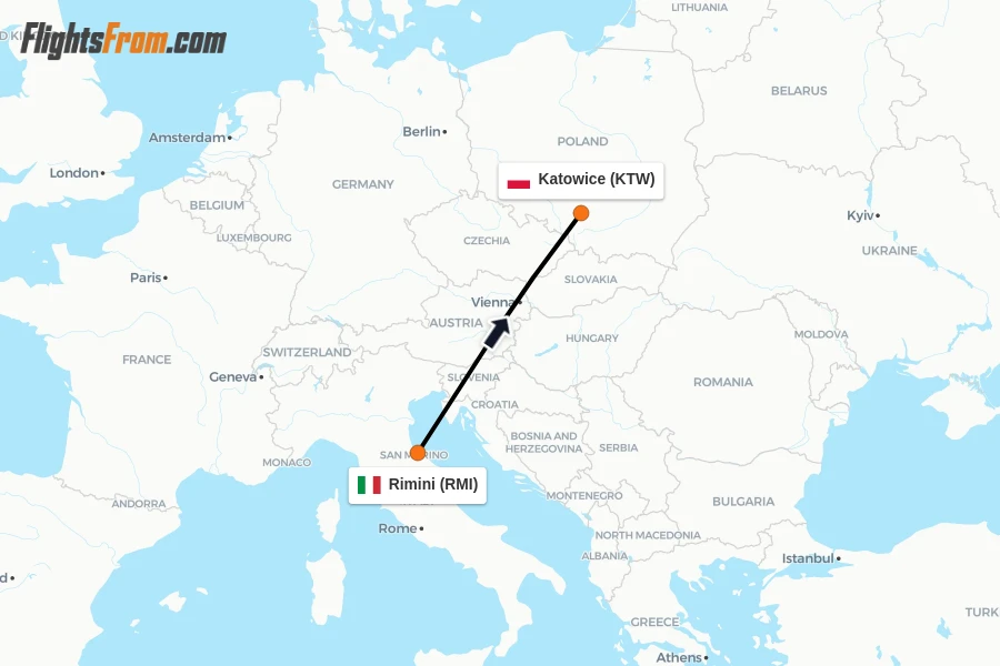 Flights from Rimini to Katowice route map