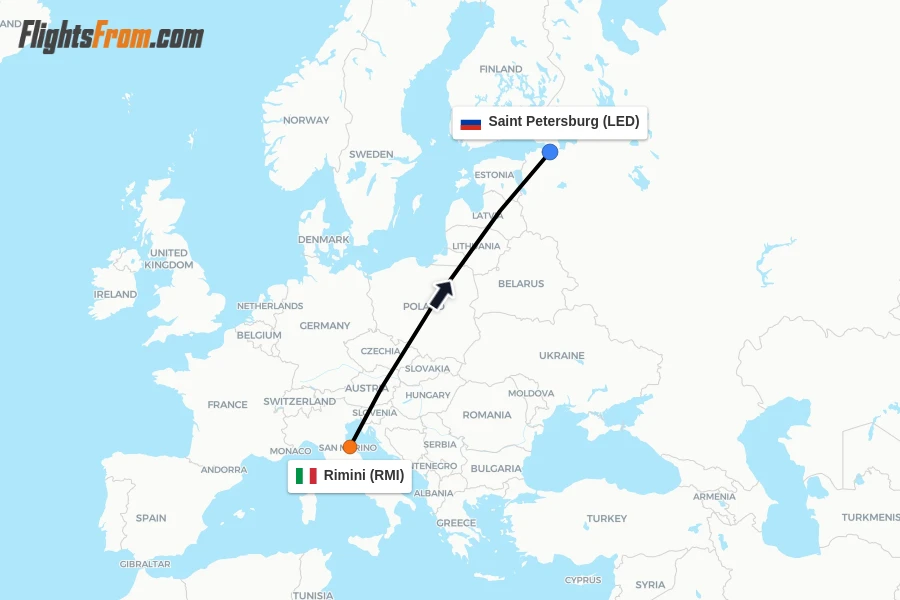 Flights from Rimini to Saint Petersburg route map