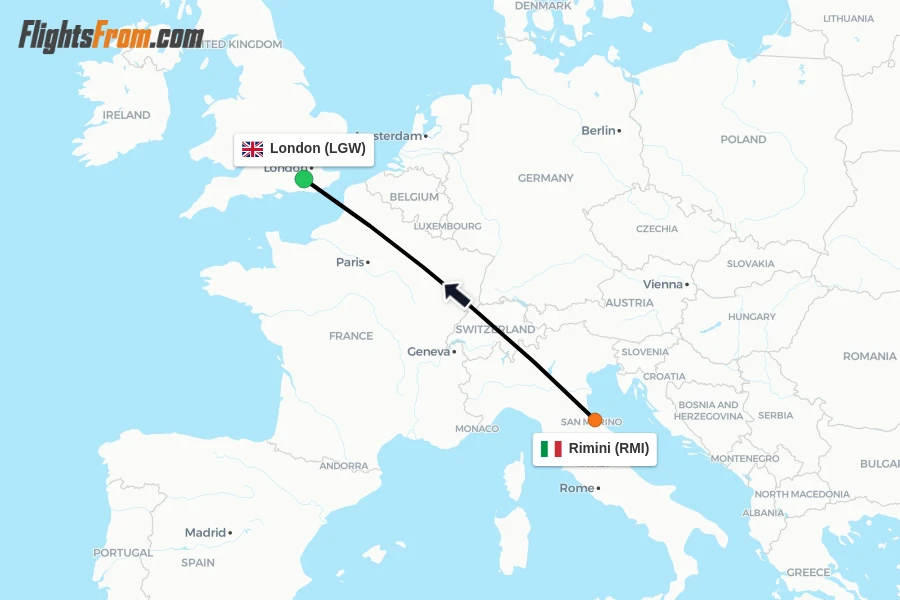 Flights from Rimini to London route map