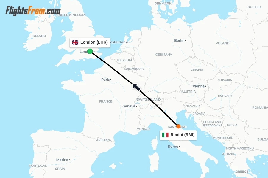Flights from Rimini to London route map