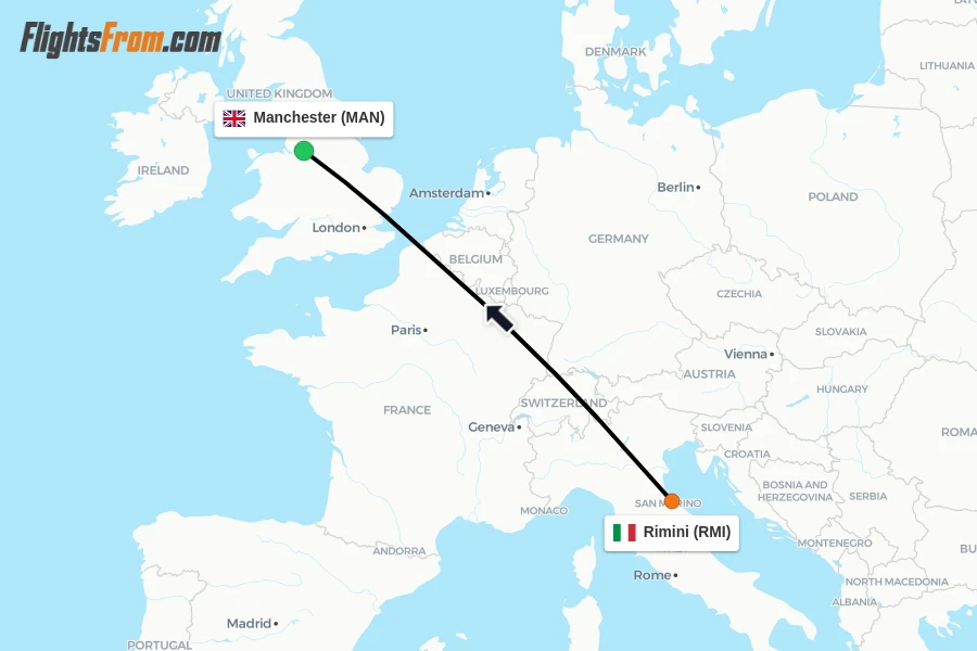 Flights from Rimini to Manchester route map