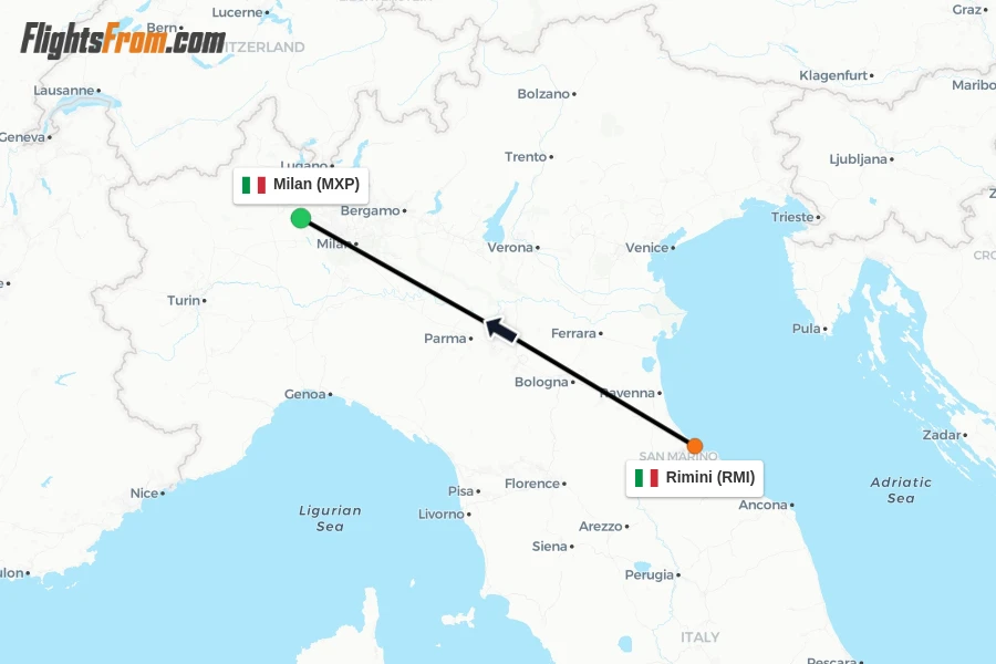 Flights from Rimini to Milan route map