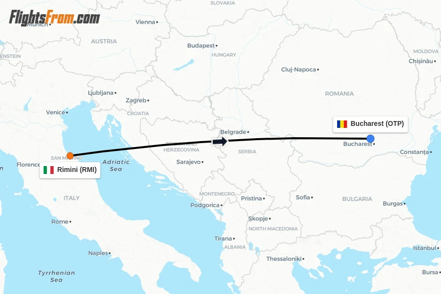 Flights from Rimini to Bucharest route map