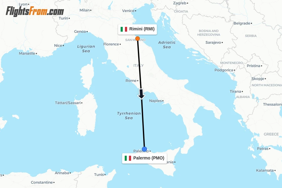 Flights from Rimini to Palermo route map