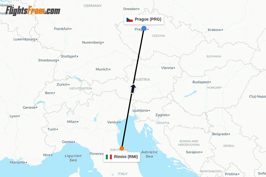 Flights from Rimini to Prague route map