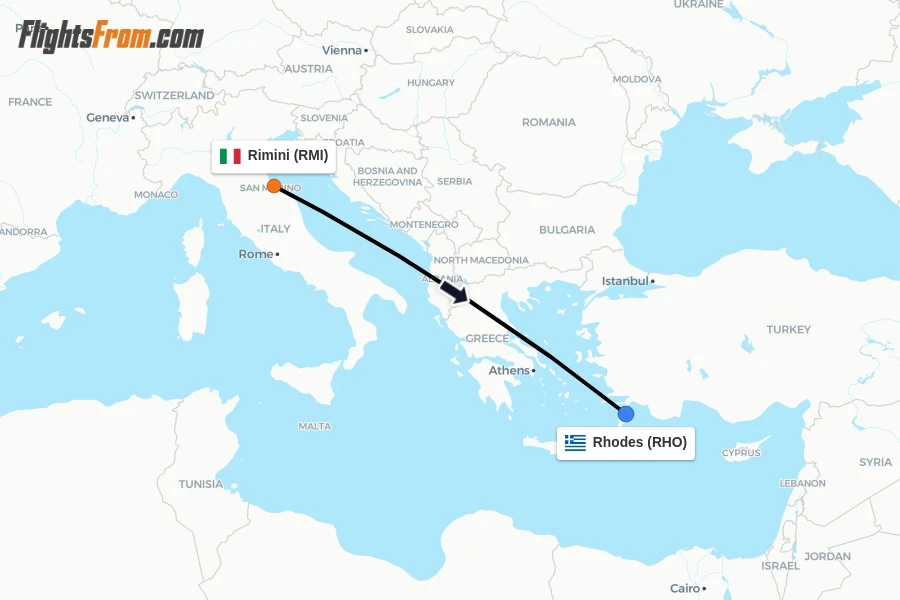 Flights from Rimini to Rhodes route map