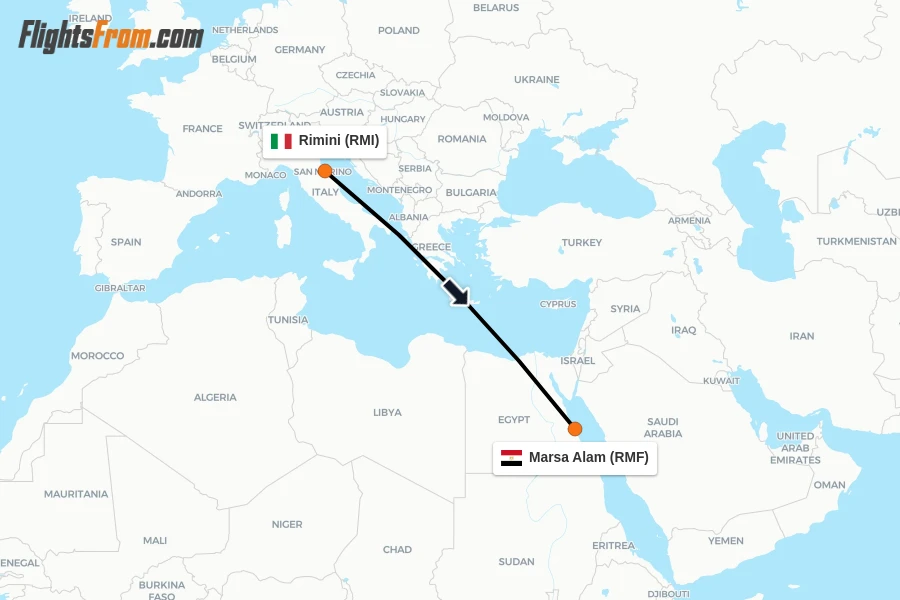 Flights from Rimini to Marsa Alam route map