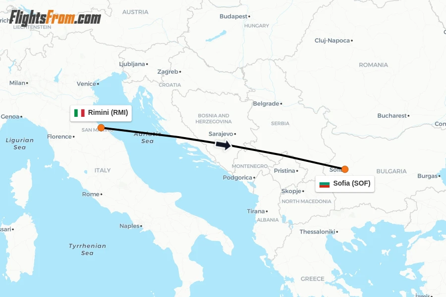 Flights from Rimini to Sofia route map