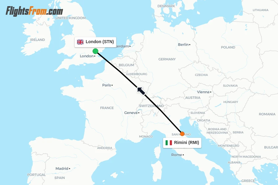 Flights from Rimini to London route map