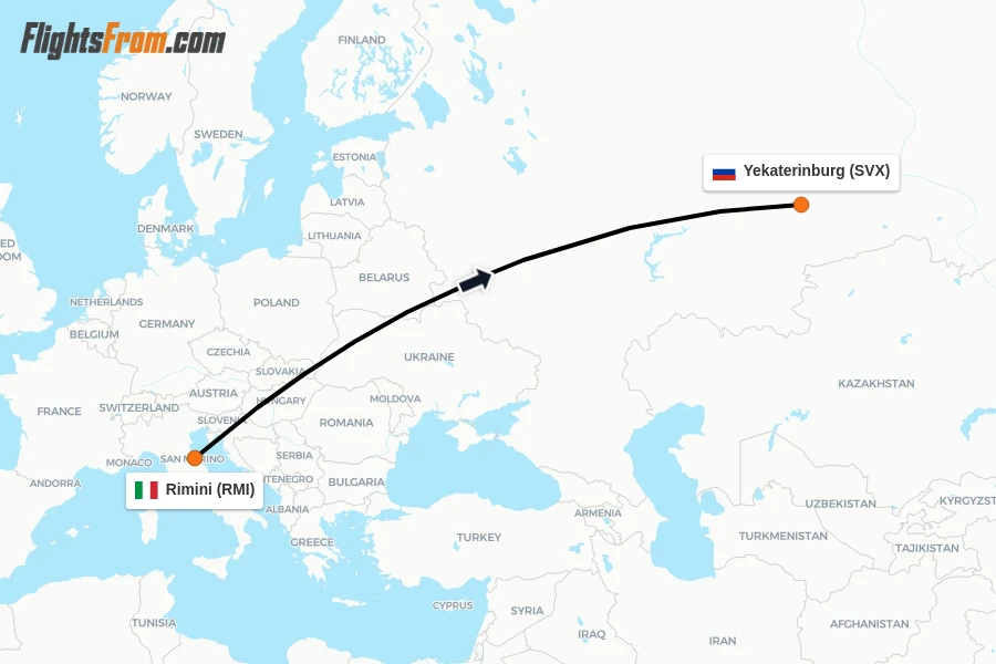 Flights from Rimini to Yekaterinburg route map