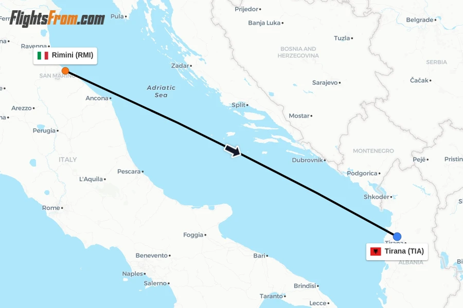 Flights from Rimini to Tirana route map