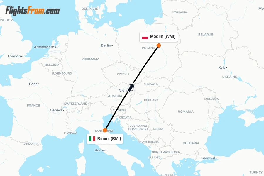 Flights from Rimini to Modlin route map