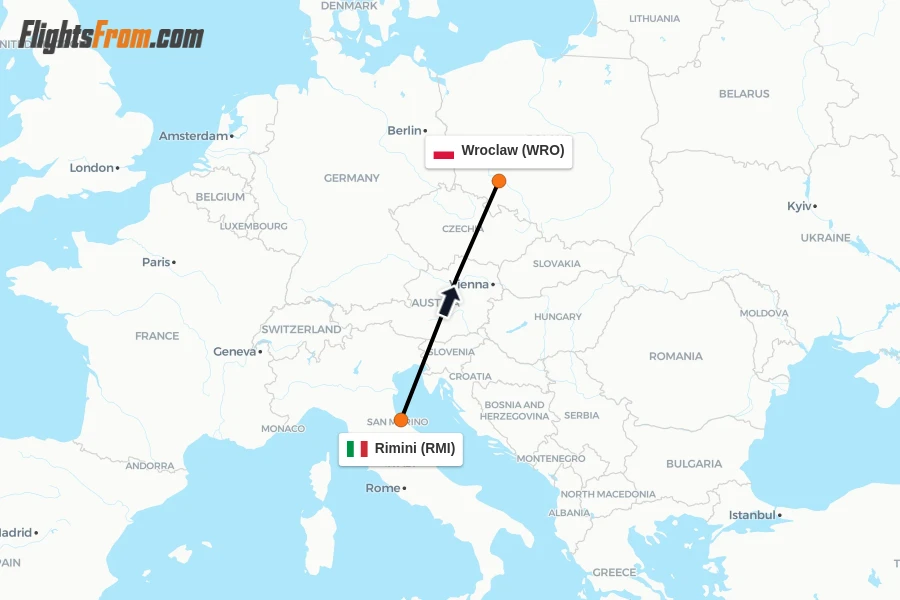 Flights from Rimini to Wroclaw route map