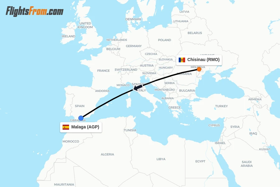 Flights from Chisinau to Malaga route map