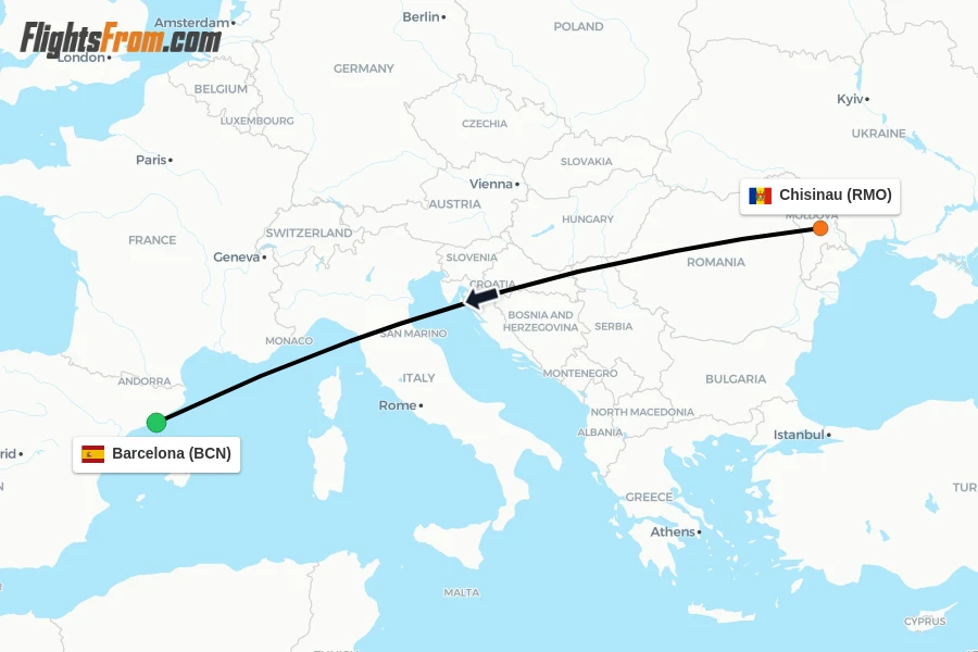 Flights from Chisinau to Barcelona route map