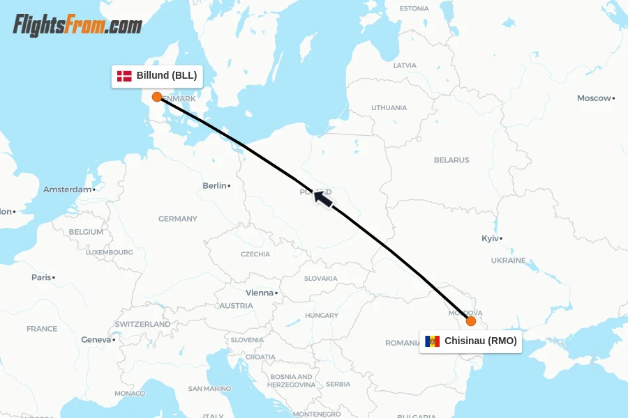 Flights from Chisinau to Billund route map