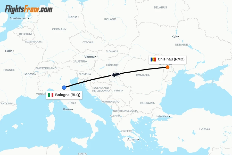 Flights from Chisinau to Bologna route map