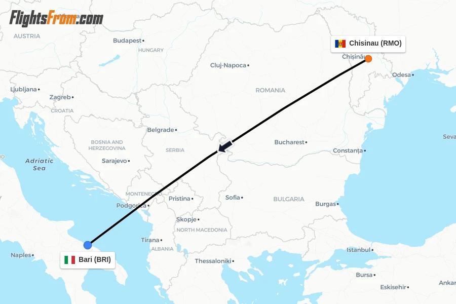 Flights from Chisinau to Bari route map