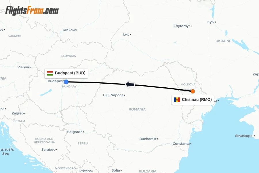Flights from Chisinau to Budapest route map