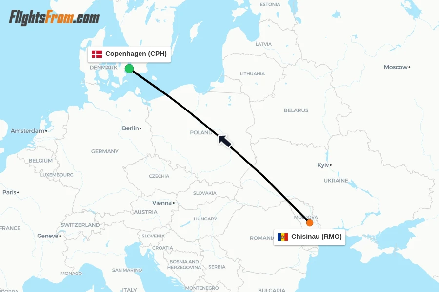 Flights from Chisinau to Copenhagen route map