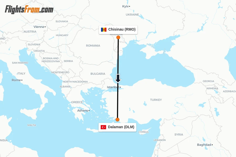 Flights from Chisinau to Dalaman route map