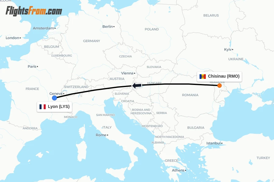 Flights from Chisinau to Lyon route map