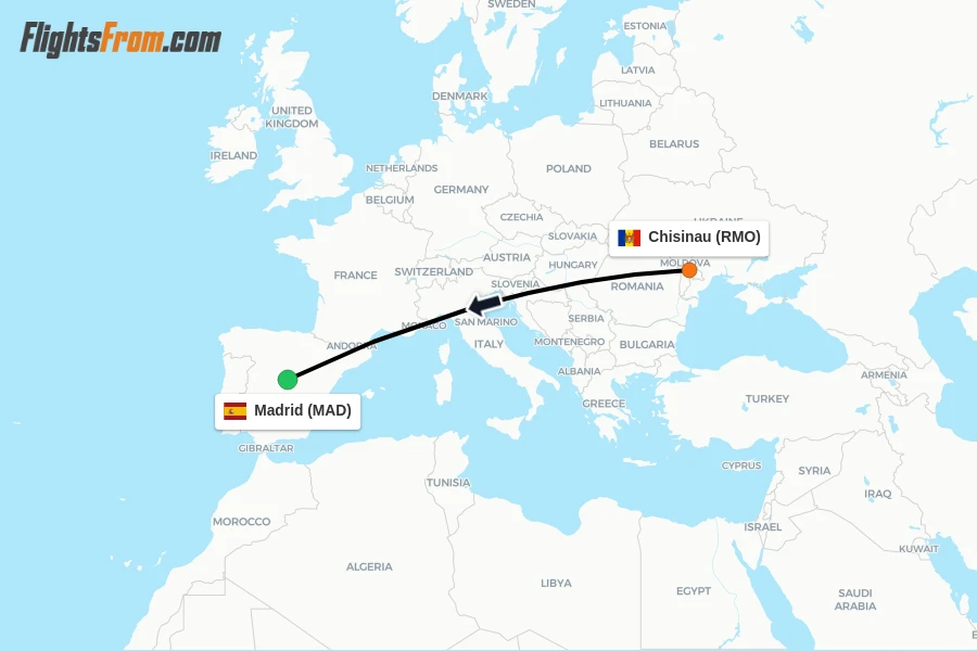 Flights from Chisinau to Madrid route map