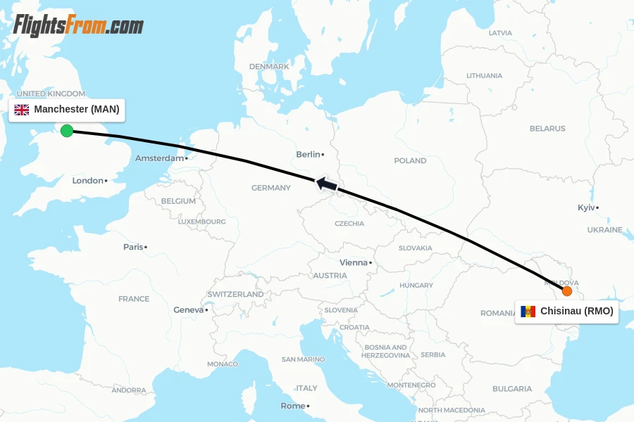 Flights from Chisinau to Manchester route map