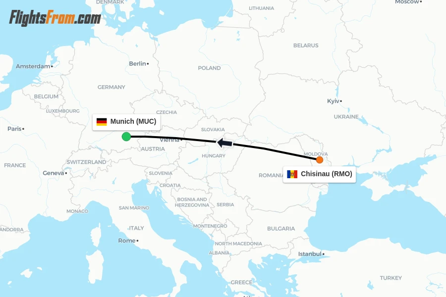 Flights from Chisinau to Munich route map